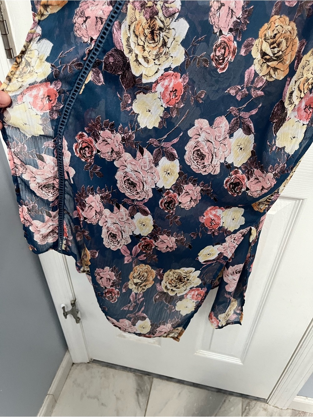 Floral Kimono Duster Blue Sheer Open Front Cover Band of Gypsies XS/S oversized - Picture 10 of 16